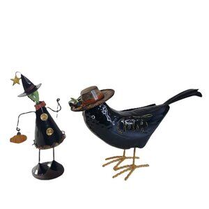 Metal Witch and Bird Bobble Head Figurines On Springs Farmhouse Halloween Fall